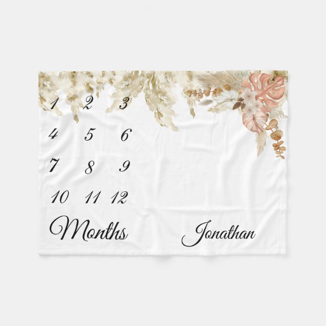 Milestone Tropical Boho Pampas Grass earthy Fleece Blanket (Front (Horizontal))