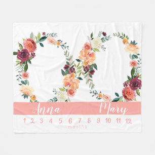 Milestone twin baby girl peach growth chart fleece blanket