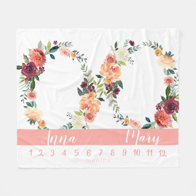 Milestone twin baby girl peach growth chart fleece blanket (Front (Horizontal))
