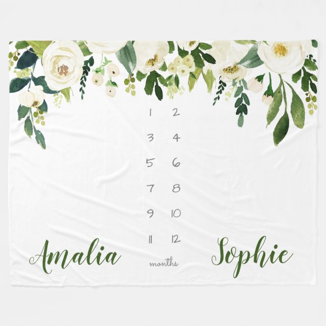 Milestone twin baby girl watercolor flowers fleece blanket (Front (Horizontal))