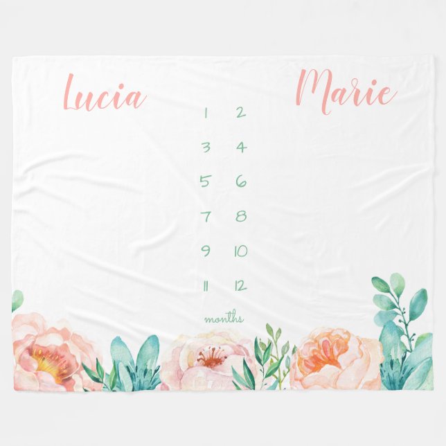 Milestone twin baby girl watercolor flowers peach fleece blanket (Front (Horizontal))