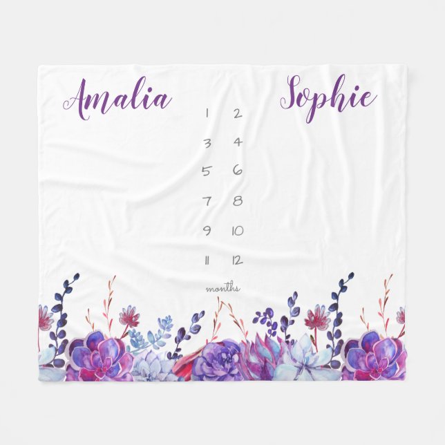 Milestone twin baby girl watercolor flowers purple fleece blanket (Front (Horizontal))