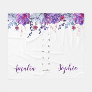 Milestone twin baby girl watercolor flowers purple fleece blanket