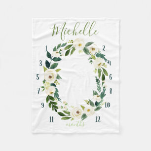 Milestone watercolor tracker, white blooms fleece blanket