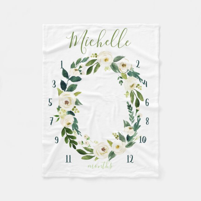 Milestone watercolor tracker, white blooms fleece blanket (Front)