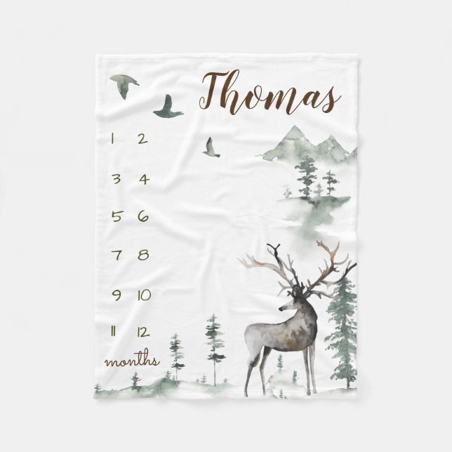 Milestone watercolor woodland forest fleece blanket (Front)