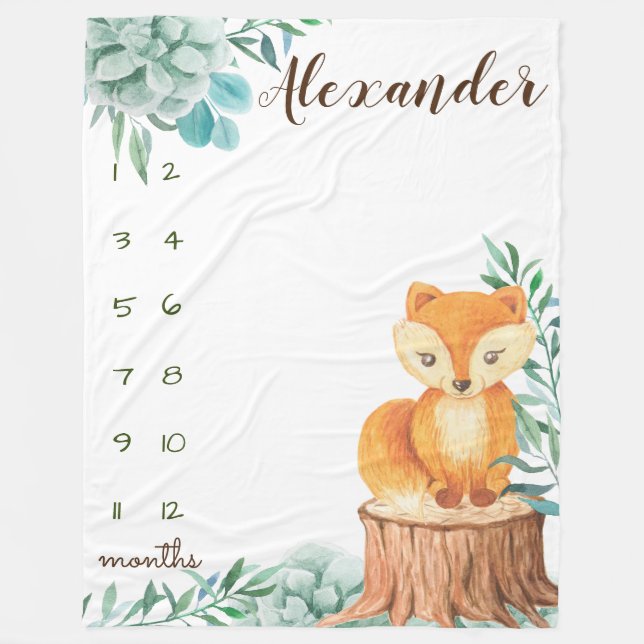 Milestone watercolor woodland forest fox fleece blanket (Front)