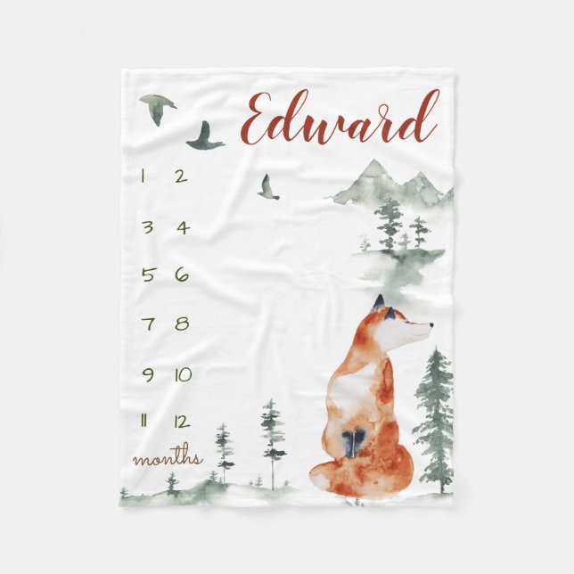 Milestone watercolor woodland forest fox fleece blanket (Front)