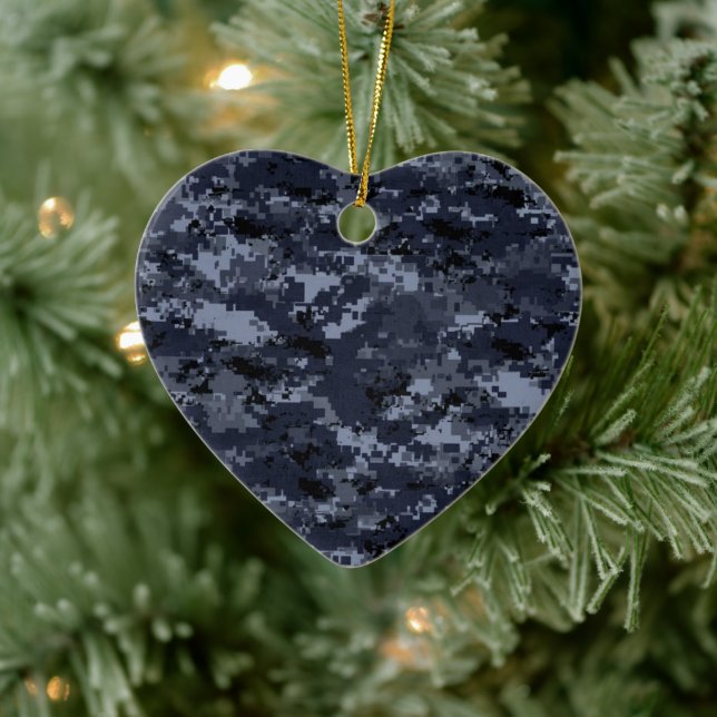 Miliatry Blue Camouflage Porcelain Heart Ornament (Tree)