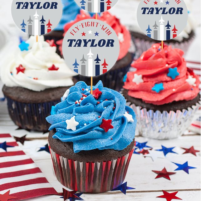 Military Air Force Going Away Party Cupcake Picks Classic Round Sticker (Air Force Airman Name fighter jet Sticker for DIY cupcake picks, patriotic military going away party)