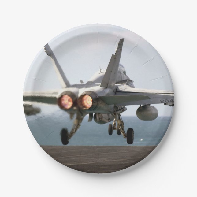 Military aircraft launching off aircraft carrier paper plate (Front)