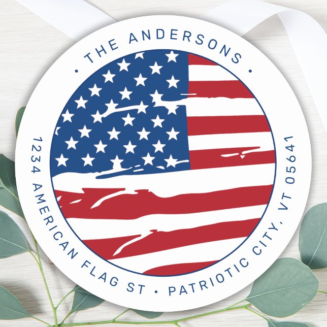 Military American Flag Patriotic Return Address Classic Round Sticker (Creator Uploaded)