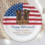 Military Army American Flag Boots Retirement Party Paper Plate<br><div class="desc">Add the finishing touch to your military retirement party with these USA American Flag design military paper plates and party supplies. USA American flag in modern red white and blue, stars and stripes, with leather combat boots design. This American Flag party paper plates is perfect for a military retirement party,...</div>