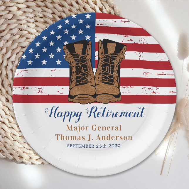 Military Army American Flag Boots Retirement Party Paper Plate (Creator Uploaded)