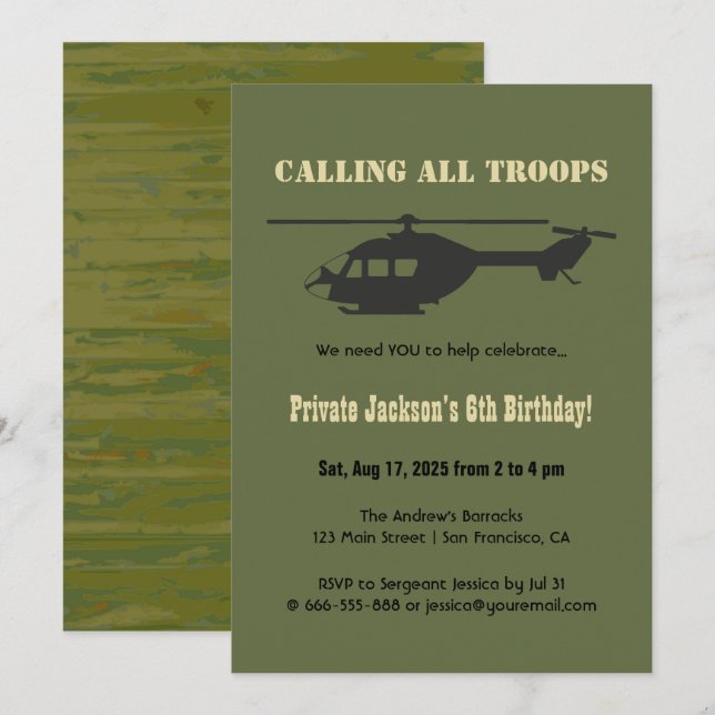 Military/Army Helicopter Kids Birthday Party  Invitation (Front/Back)