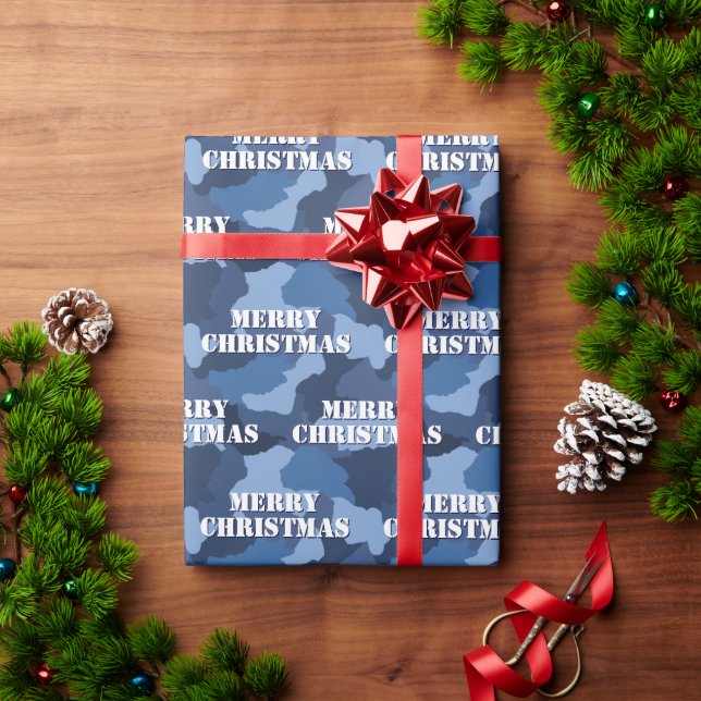 Military Blue Camouflage Merry Christmas Wrapping Paper (Holiday Gift)