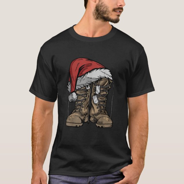 Military Boot Santa Hat Christmas Veteran Combat S T-Shirt (Front)