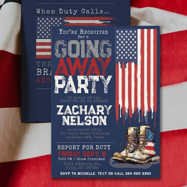 Military Boots Flag BLUE Going Away Farewell Party Invitation (Military going away farewell party invitation front and back with vintage combat boots & drip flag)