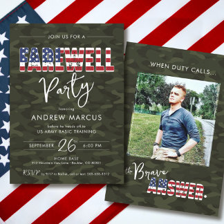 Military Camo American Flag Photo Farewell Party Invitation