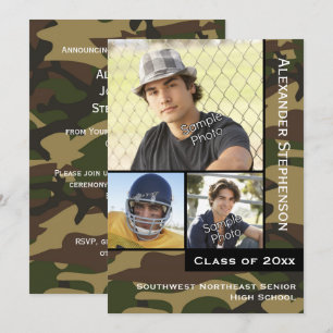 Military Camo Green 3 Photo Graduation Invitation