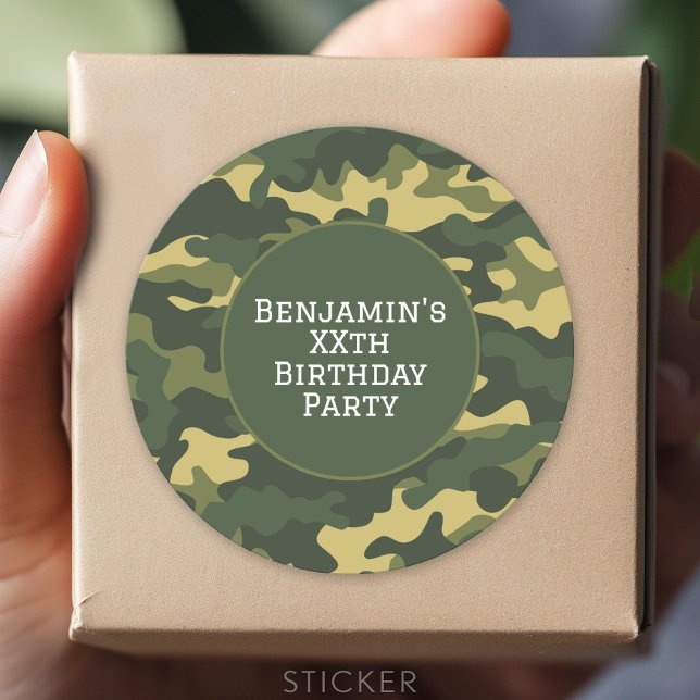 Military camouflage Birthday Party Theme Custom Classic Round Sticker (Custom Sticker for Party Favors and Envelopes)