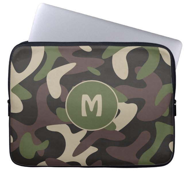 Military Camouflage Green Brown Pattern Monogram Laptop Sleeve (Front)