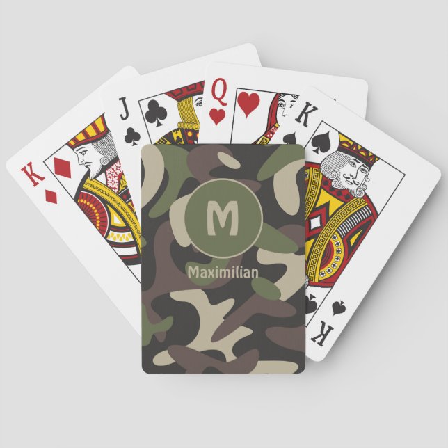 Military Camouflage Green Brown Pattern Monogram Playing Cards (Back)