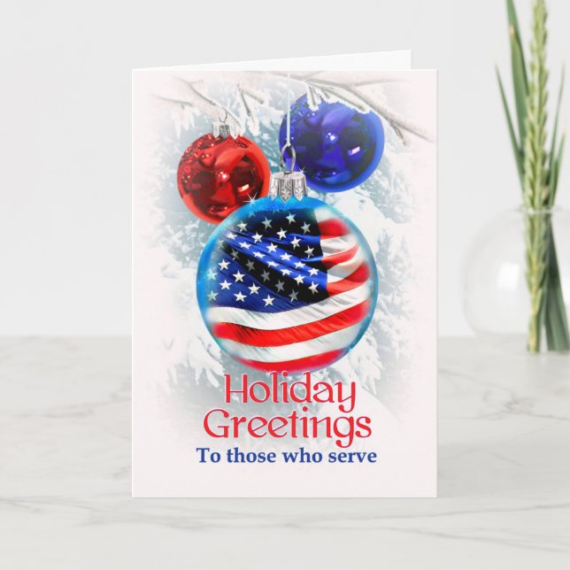 Military Christmas American Flag in Ornament Holiday Card (Front)