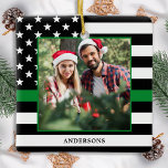 Military Christmas Custom Photo Thin Green Line  Ceramic Ornament<br><div class="desc">Introducing the Thin Green Line Flag Military Ornament, a perfect addition to your Christmas decor! Show your support for the brave men and women who protect our borders, parks, and wildlife. This modern and simple ornament features the American flag with a thin green line representing federal law enforcement officers, border...</div>