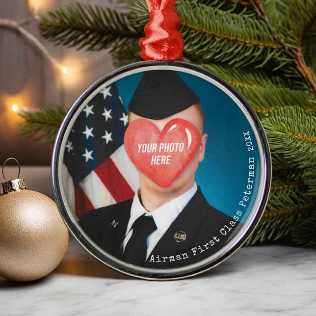 Military Christmas Gift Airman Photo Soldier Name Metal Tree Decoration (Airman, Soldier, Marine, Sailor, Seabee, Guardian, Patriotic USA Flag Military Mom Christmas gift)