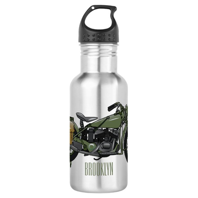 Military cruiser motorcycle cartoon illustration 532 ml water bottle (Front)