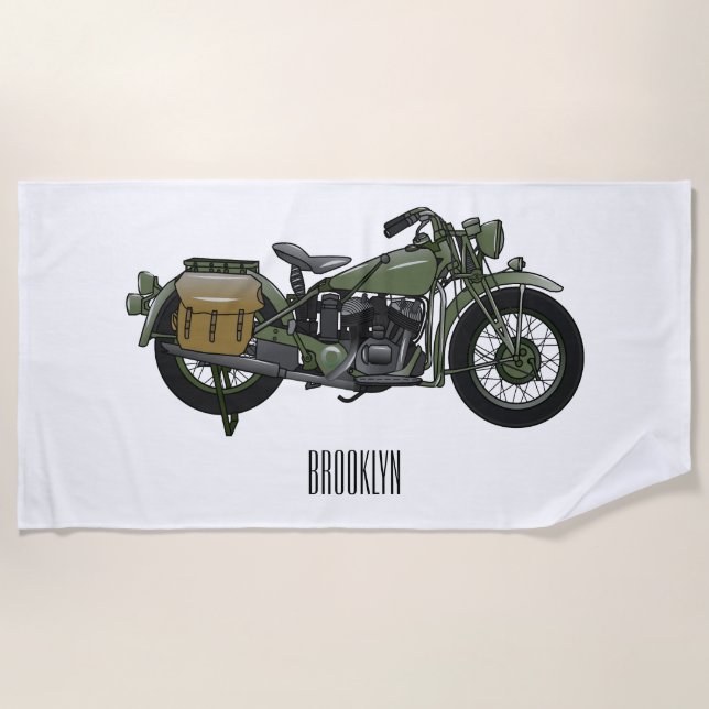 Military cruiser motorcycle cartoon illustration beach towel (Front)