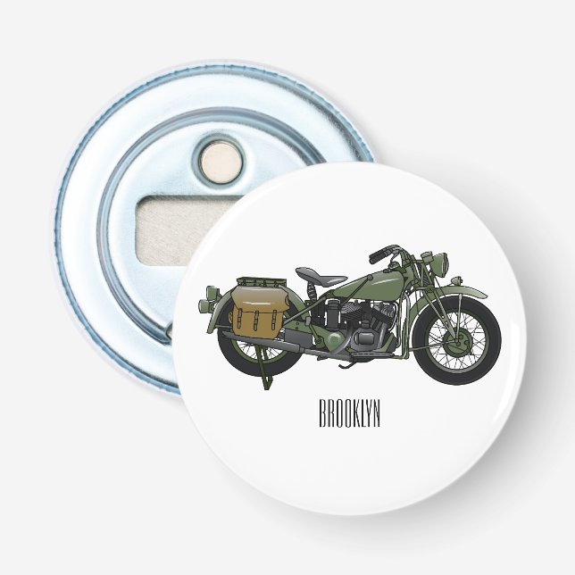 Military cruiser motorcycle cartoon illustration bottle opener (Front)