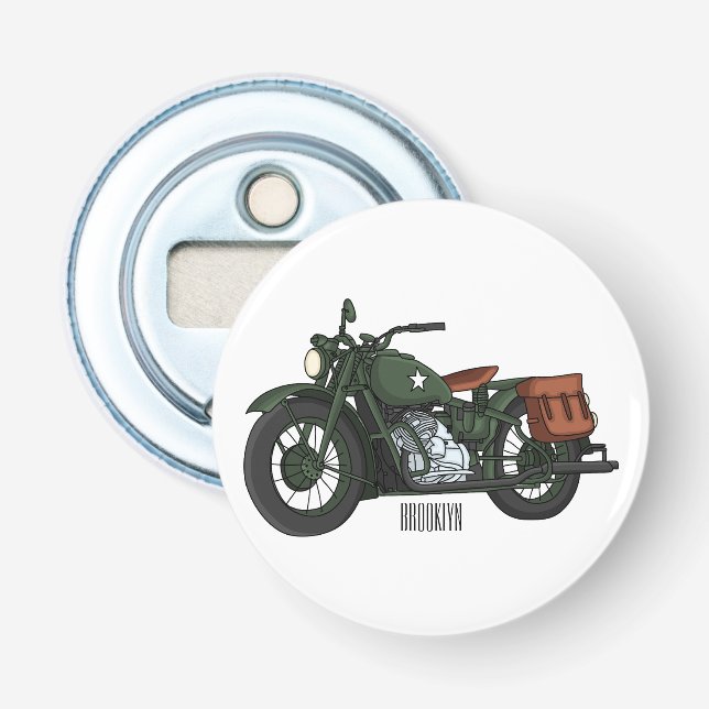Military cruiser motorcycle cartoon illustration bottle opener (Front)