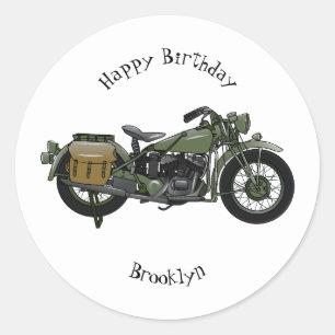Military cruiser motorcycle cartoon illustration classic round sticker