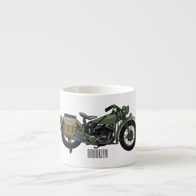 Military cruiser motorcycle cartoon illustration espresso cup (Front)