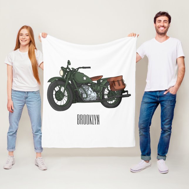 Military cruiser motorcycle cartoon illustration fleece blanket (In Situ)
