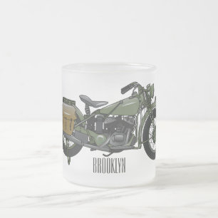 Military cruiser motorcycle cartoon illustration frosted glass coffee mug