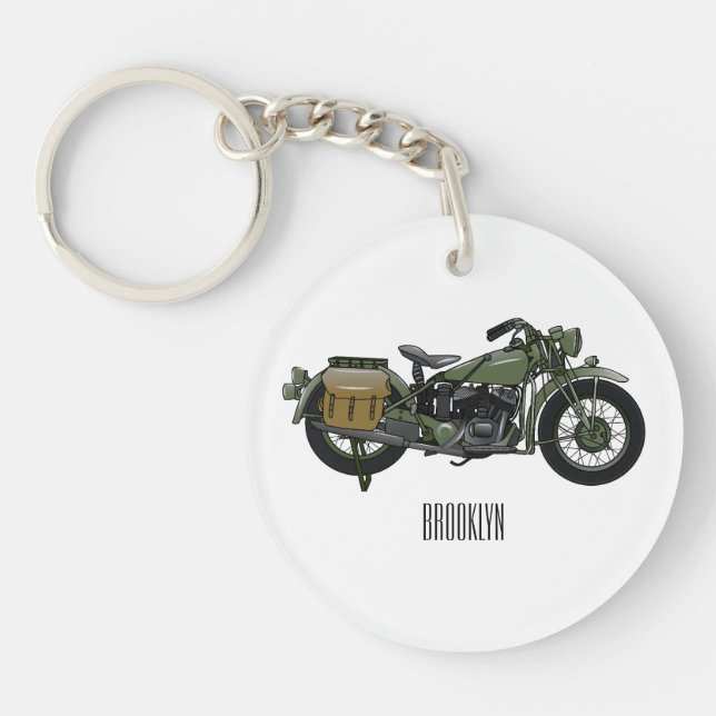 Military cruiser motorcycle cartoon illustration key ring (Front)