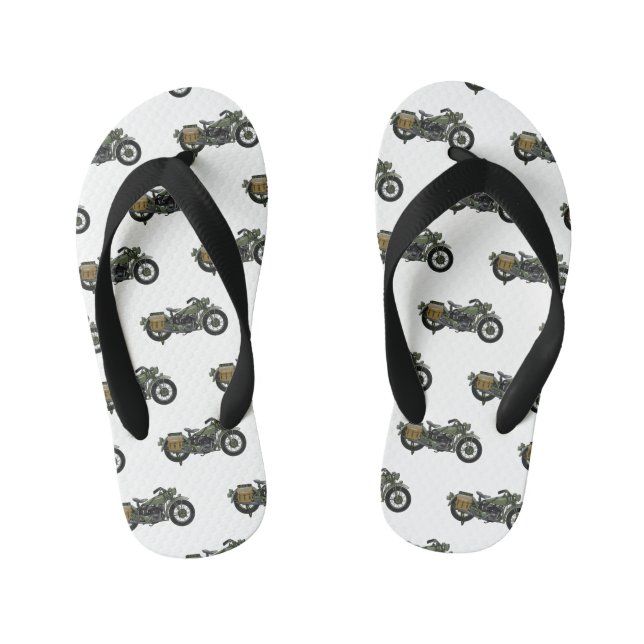 Military cruiser motorcycle cartoon illustration kid's flip flops (Footbed)