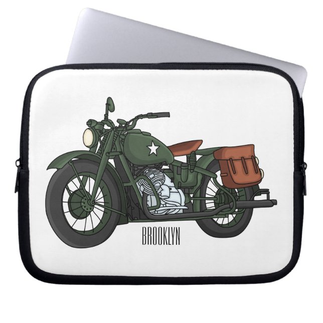 Military cruiser motorcycle cartoon illustration laptop sleeve (Front)