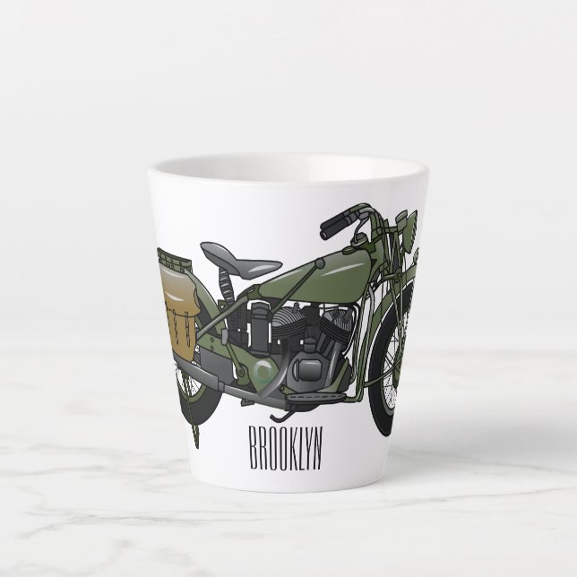 Military cruiser motorcycle cartoon illustration latte mug (Front)