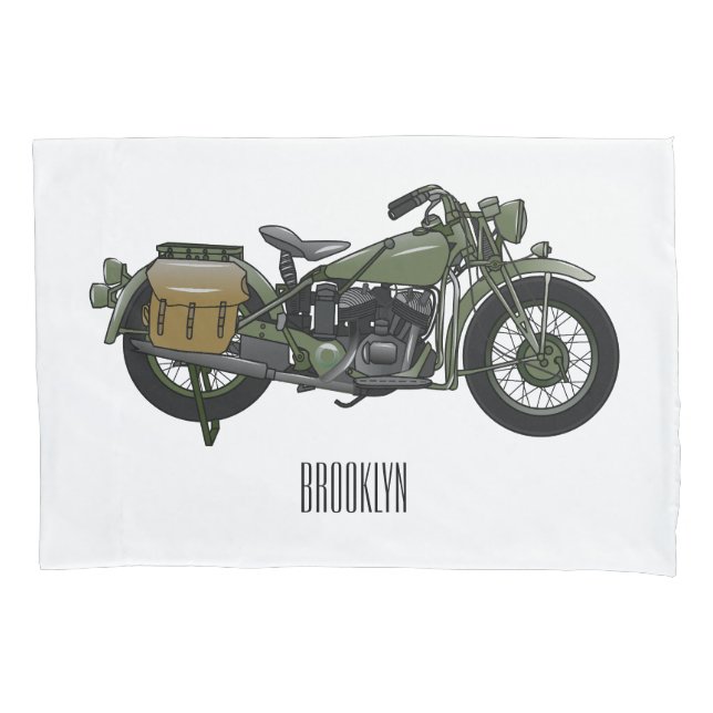 Military cruiser motorcycle cartoon illustration pillowcase (Front)