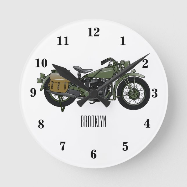 Military cruiser motorcycle cartoon illustration round clock (Front)