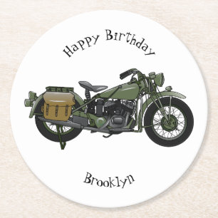 Military cruiser motorcycle cartoon illustration round paper coaster
