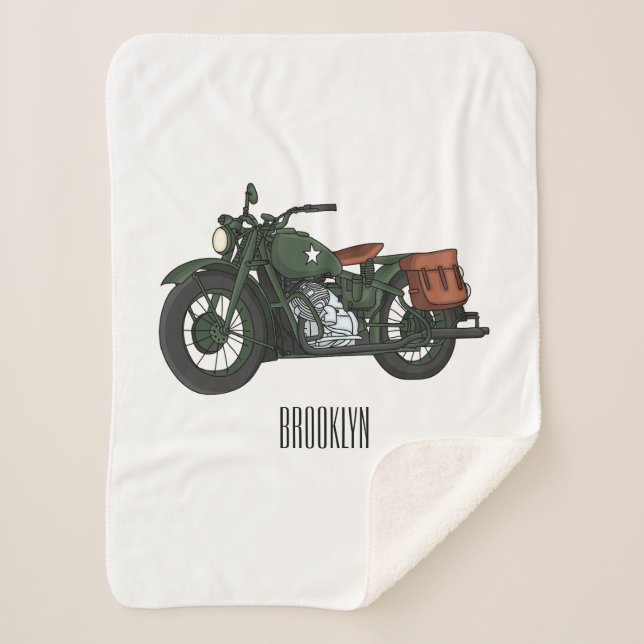 Military cruiser motorcycle cartoon illustration sherpa blanket (Front)