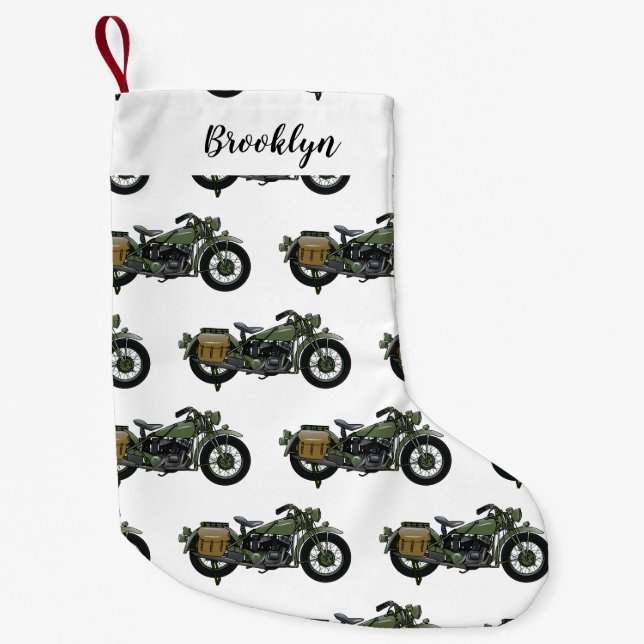 Military cruiser motorcycle cartoon illustration small christmas stocking (Front)