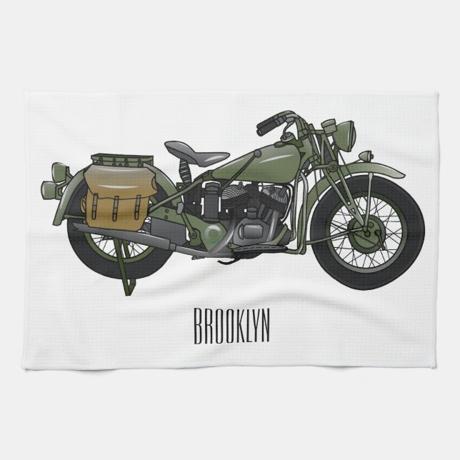 Military cruiser motorcycle cartoon illustration tea towel (Horizontal)