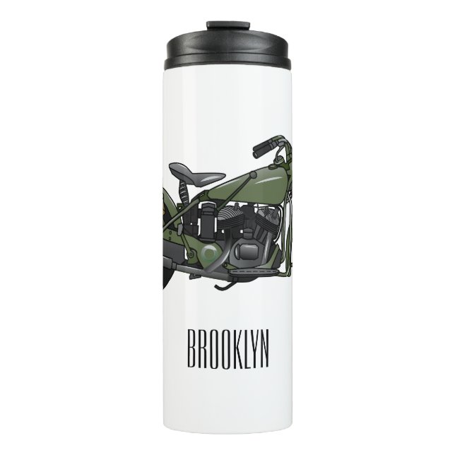 Military cruiser motorcycle cartoon illustration thermal tumbler (Front)