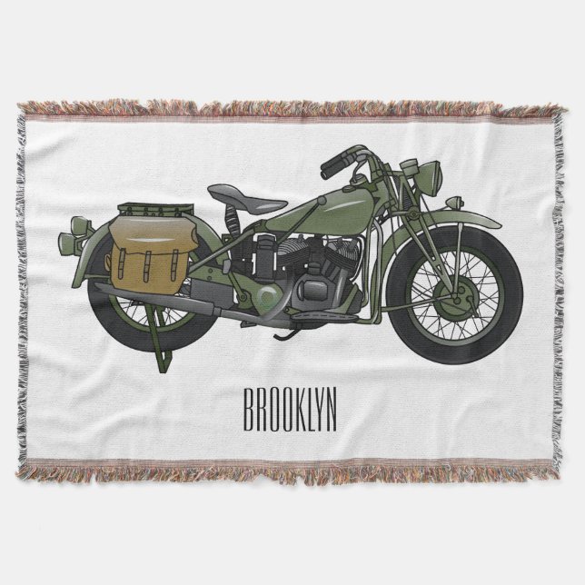 Military cruiser motorcycle cartoon illustration throw blanket (Front)